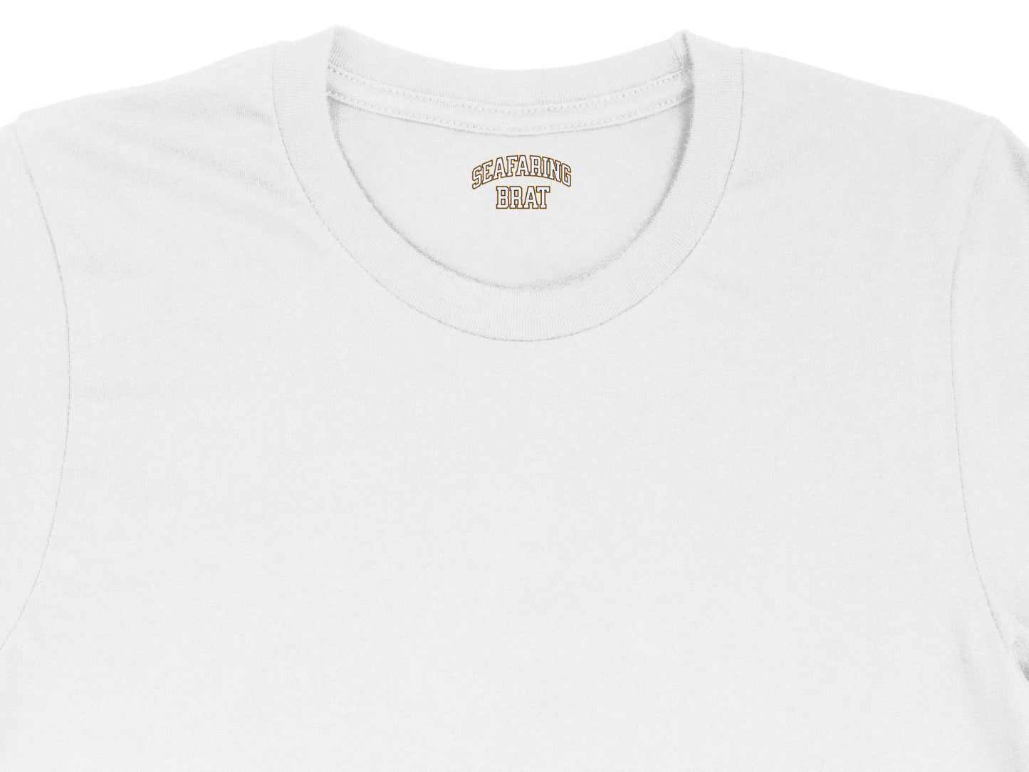 White t-shirt collar with brown text "SEAFARING BRAT" in collegiate font.