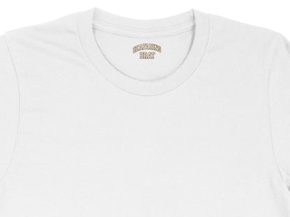 White t-shirt collar with brown text "SEAFARING BRAT" in collegiate font.