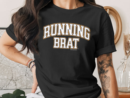 Black t-shirt with "RUNNING BRAT" in white and yellow collegiate lettering.