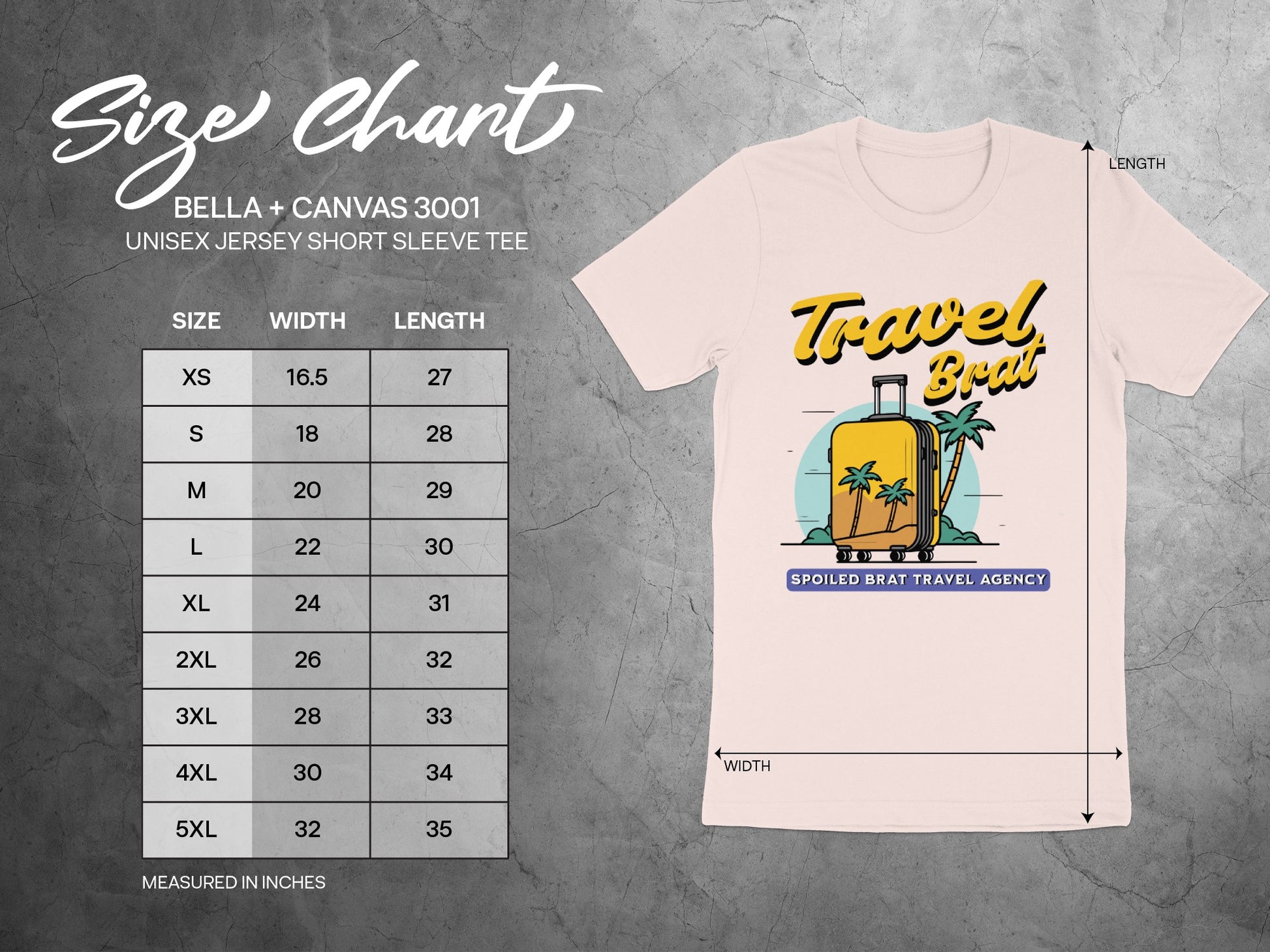 Unisex short sleeve tee size chart with width and length measurements in inches.