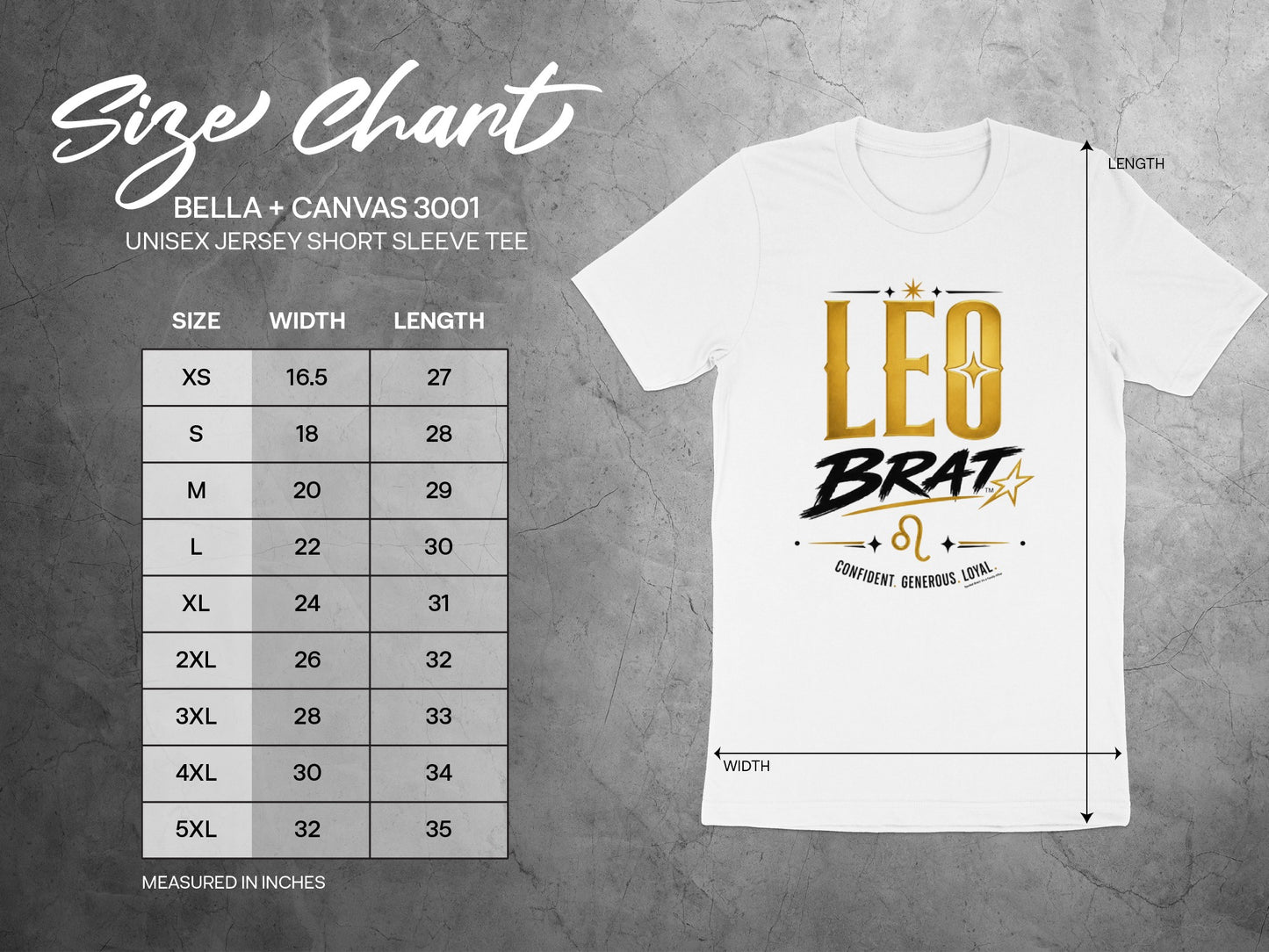 Size chart for Bella + Canvas 3001 unisex short sleeve tee with Leo Brat graphic.