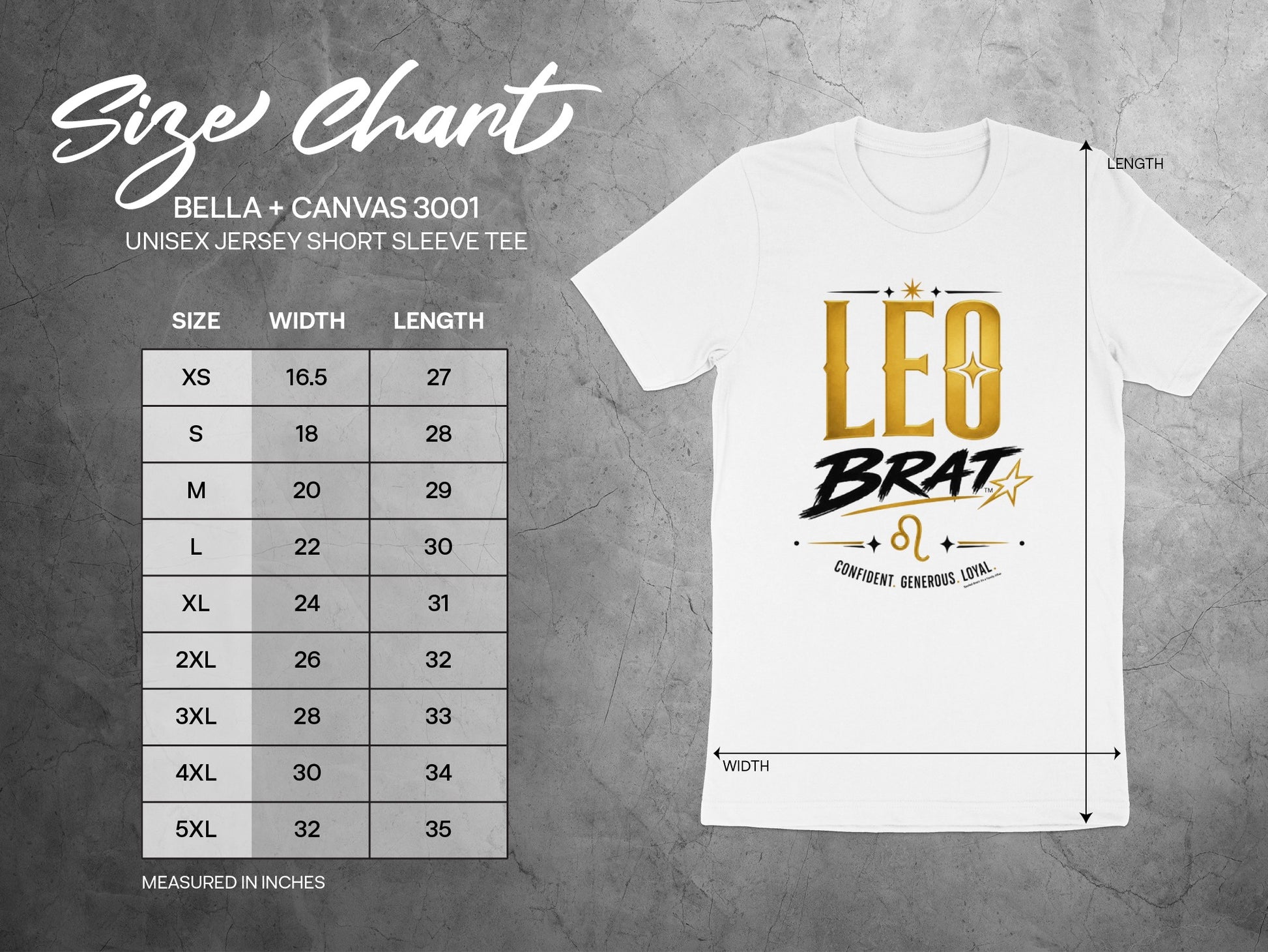 Size chart for Bella + Canvas 3001 unisex short sleeve tee with Leo Brat graphic.