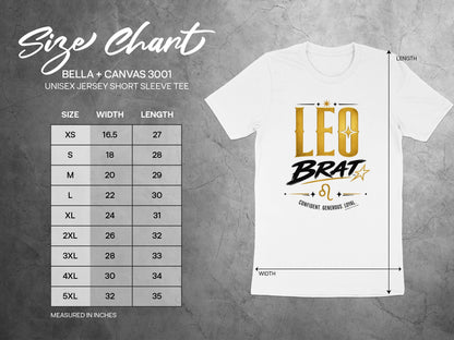 Size chart for Bella + Canvas 3001 unisex short sleeve tee with Leo Brat graphic.