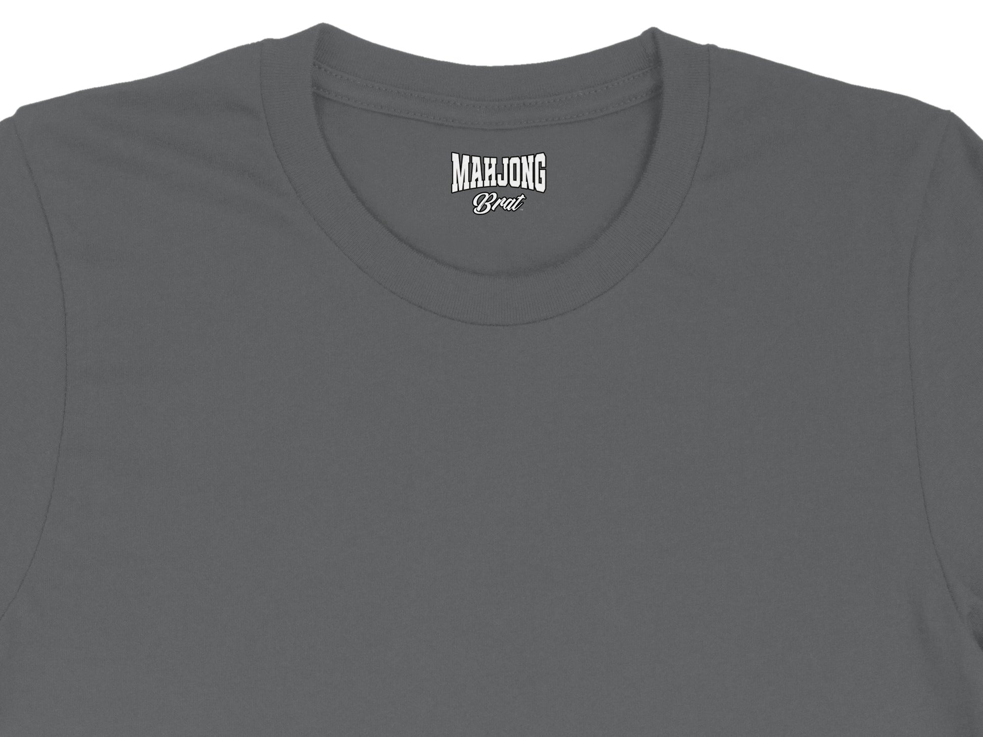 Grey t-shirt with "MAHJONG Brat" text logo on the inside neck label.