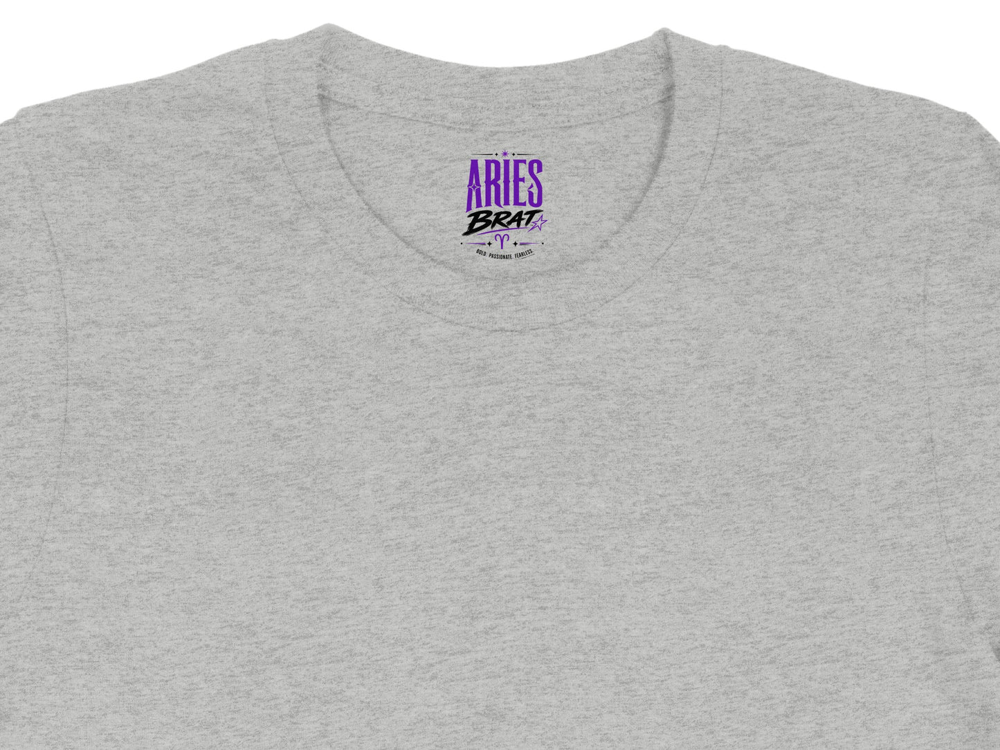 Grey t-shirt with "Aries Brat" and Aries symbol in purple.