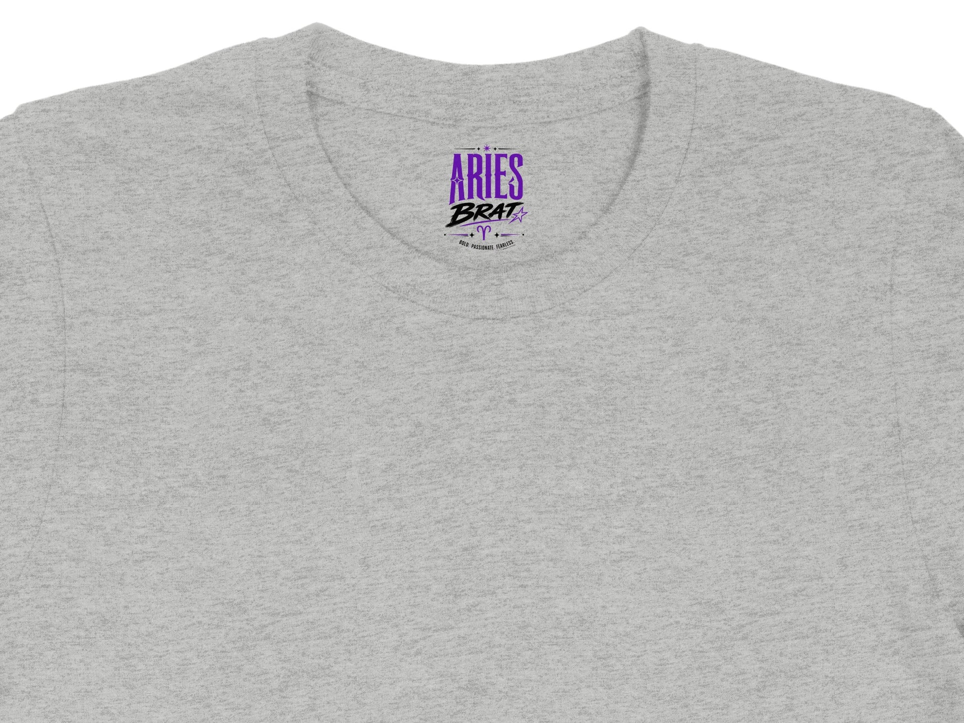 Grey t-shirt with "Aries Brat" and Aries symbol in purple.