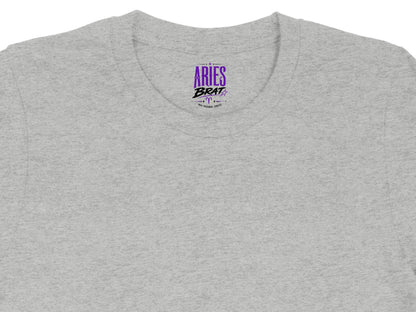 Grey t-shirt with "Aries Brat" and Aries symbol in purple.