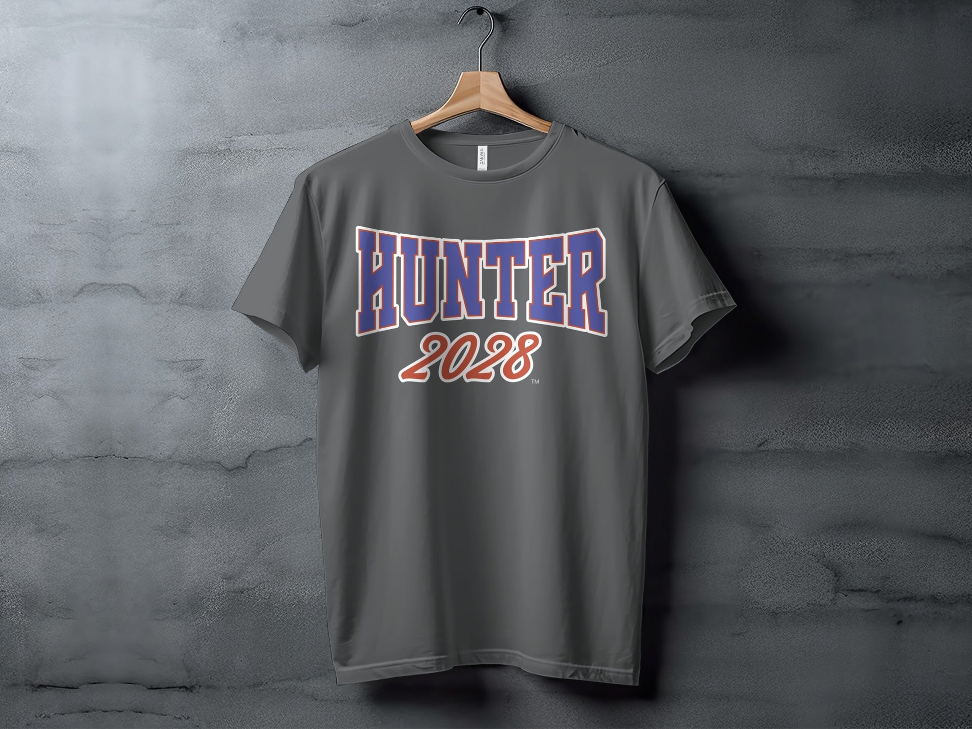 Grey t-shirt with "HUNTER 2028" text on the front.