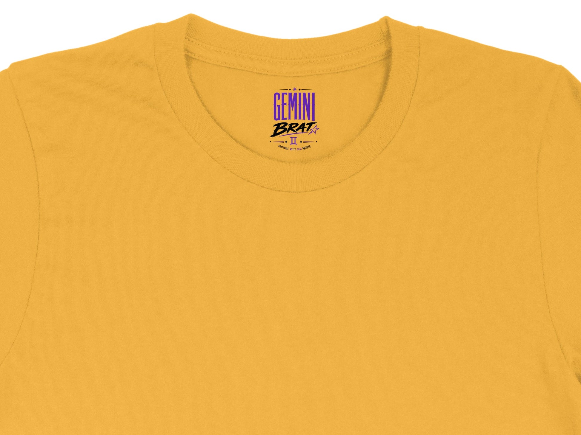 Gold t-shirt with "GEMINI BRAT" graphic and Gemini symbol.