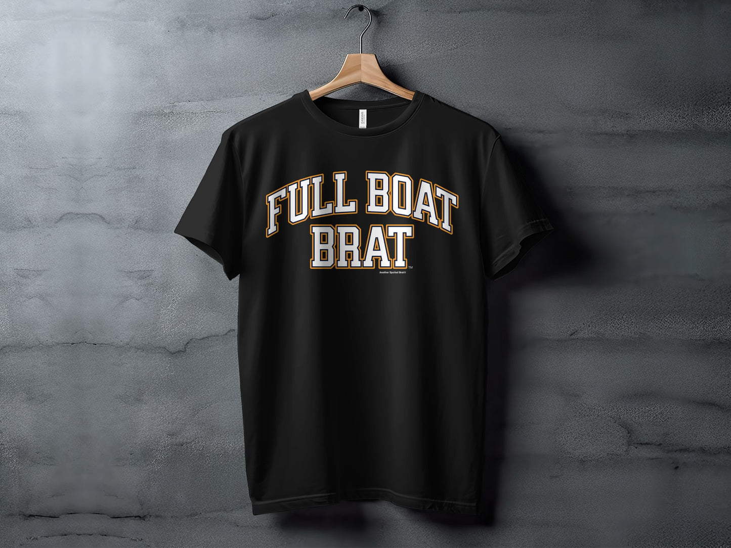 Black t-shirt with "FULL BOAT BRAT" text graphic, another spoiled brat written smaller.