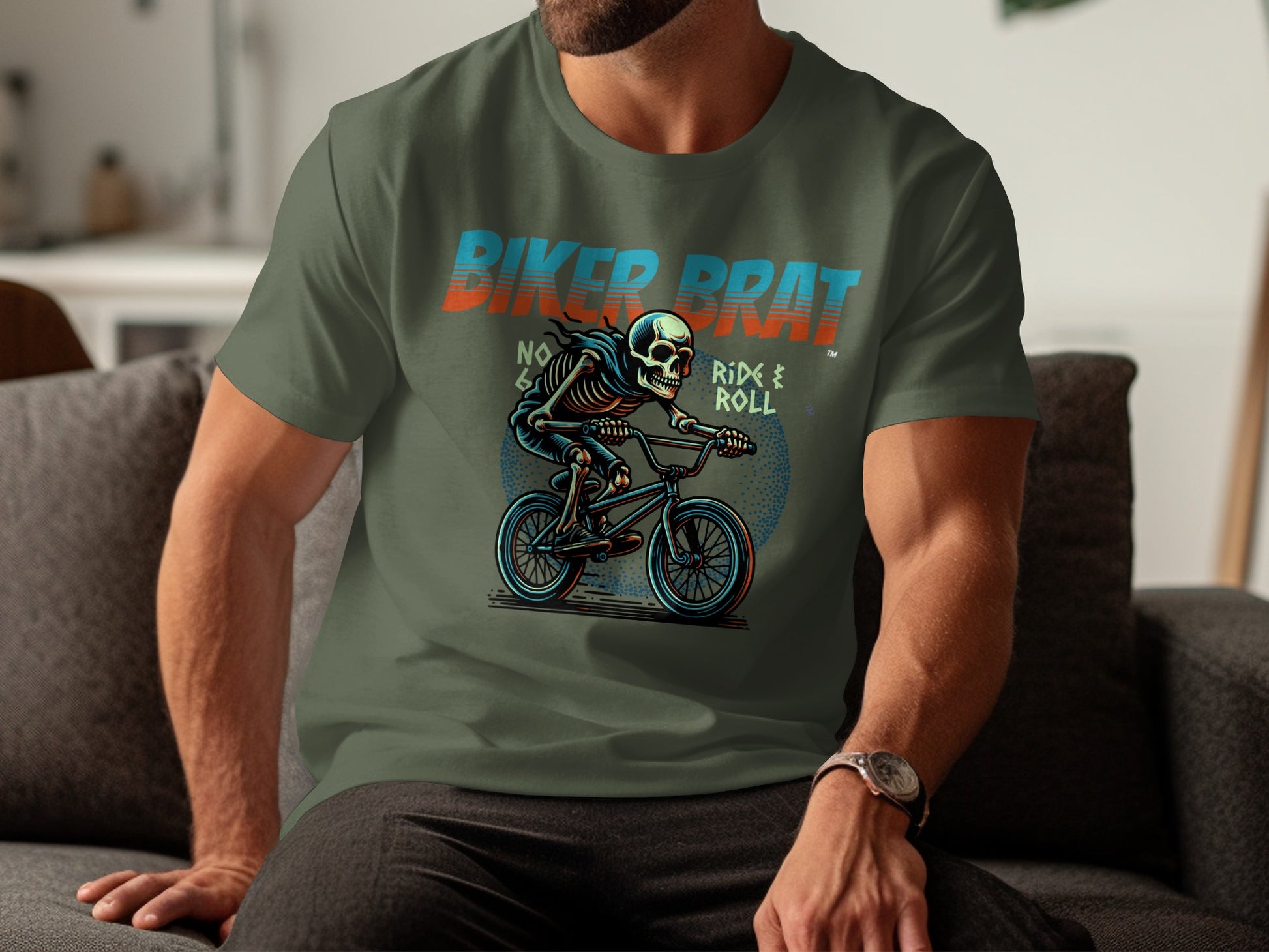 Skeleton riding a BMX bike with "Biker Brat" text.