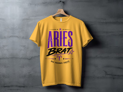 Yellow t-shirt with purple "Aries Brat" text and zodiac symbol.