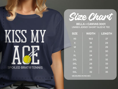 Navy t-shirt with "Kiss My Ace" text, tennis ball, and size chart.