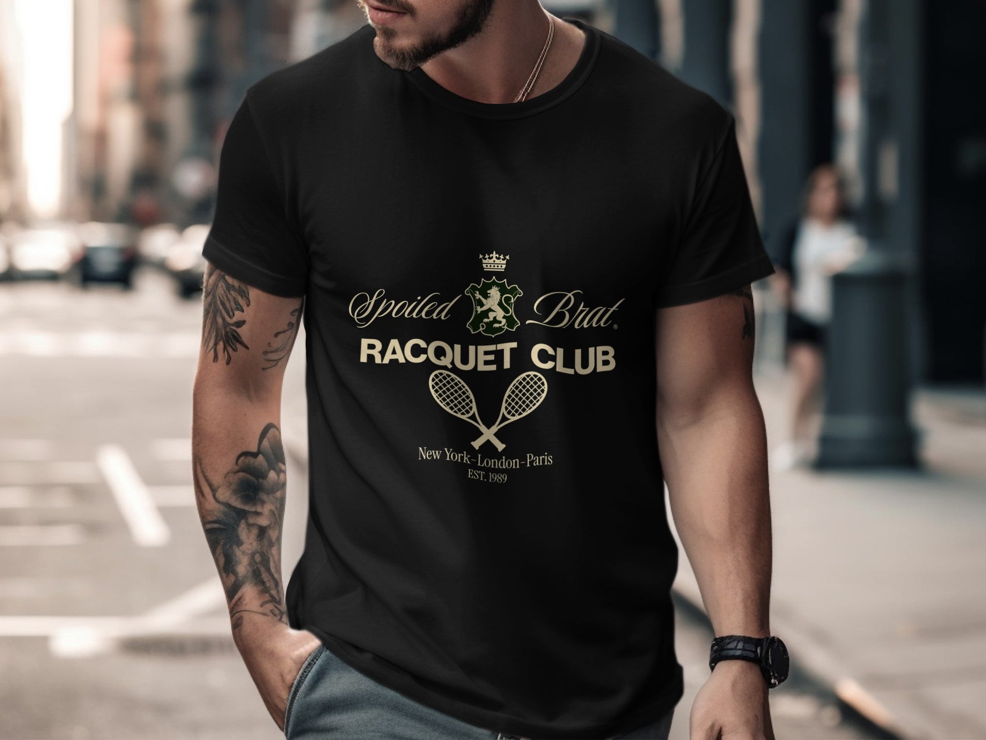 Black t-shirt with "Spoiled Brat Racquet Club" and crossed tennis rackets logo.