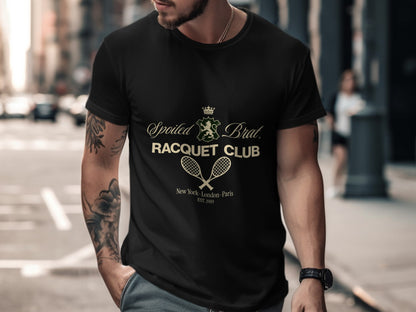 Black t-shirt with "Spoiled Brat Racquet Club" and crossed tennis rackets logo.