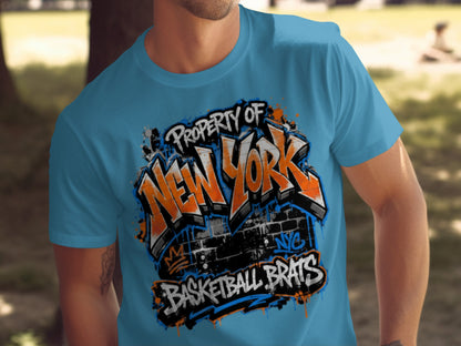 Blue t-shirt with "Property of New York Basketball Brats" graffiti design.