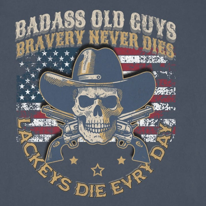 Dark blue t-shirt with skull, cowboy hat, guns, and American flag graphic.