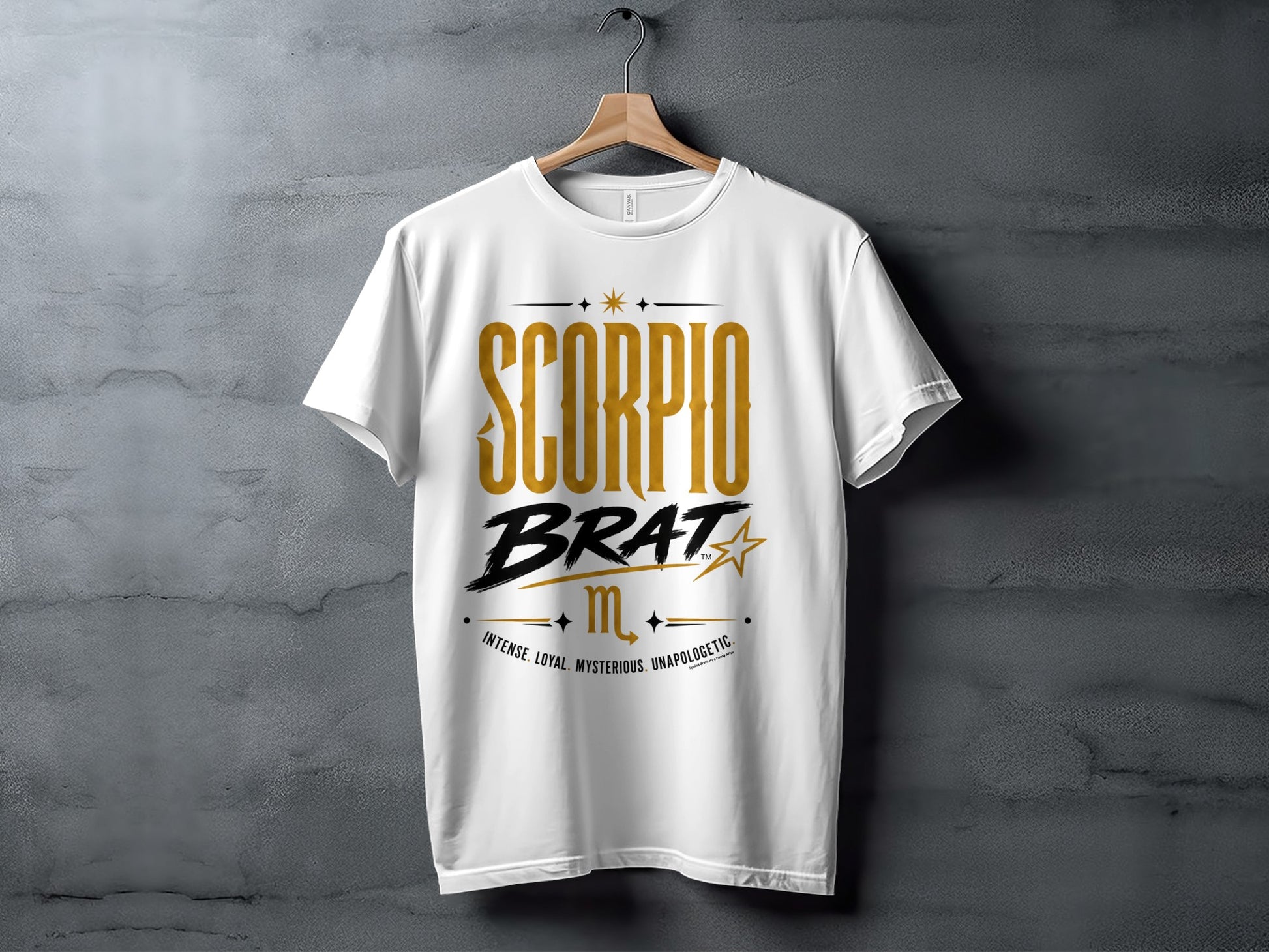 White t-shirt with "SCORPIO BRAT" text and zodiac symbol.