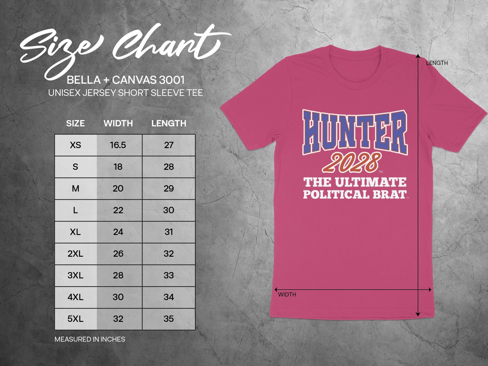 Size chart for Bella + Canvas 3001 unisex jersey tee with "Hunter 2028" graphic.