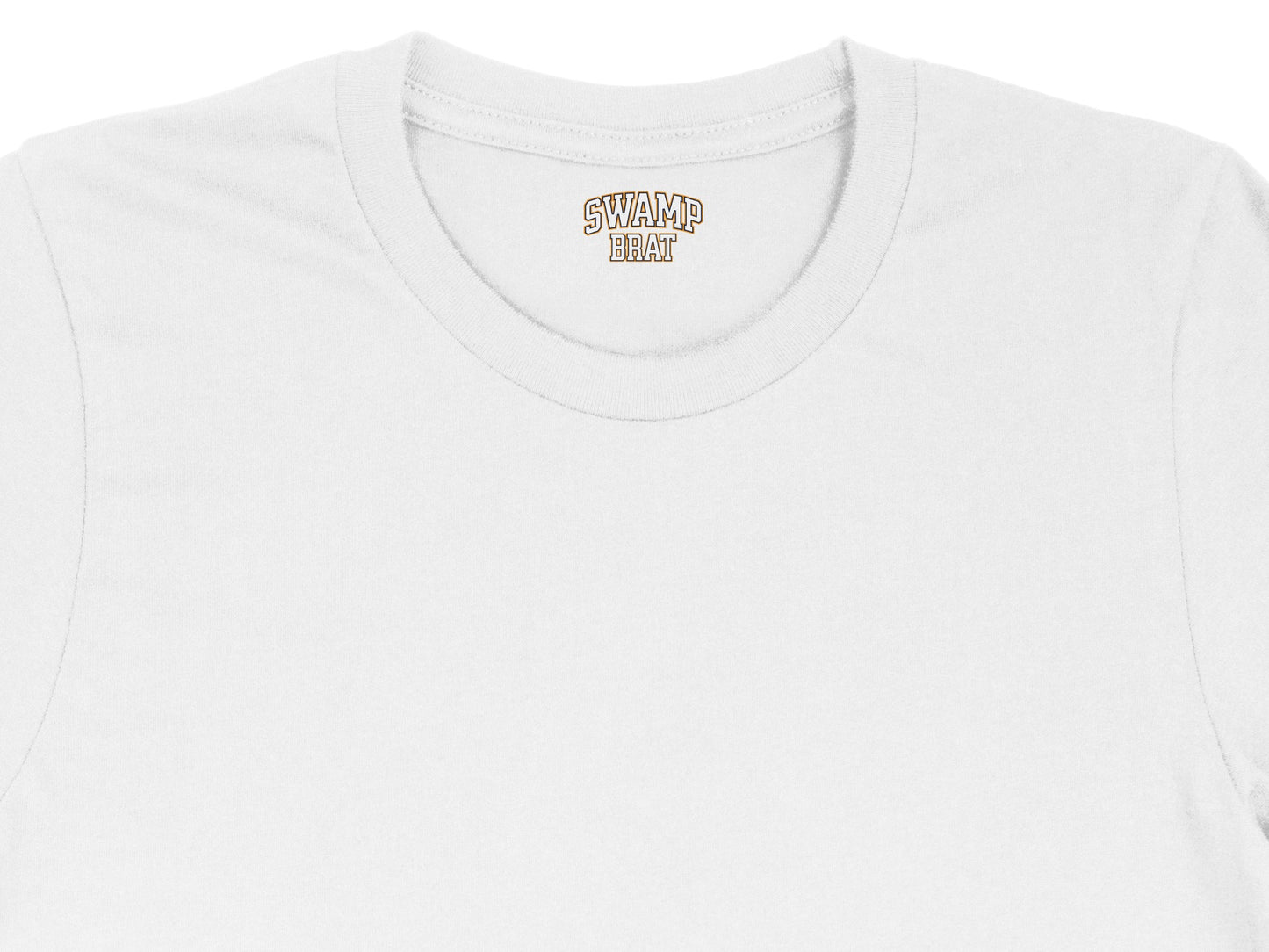 White t-shirt with "SWAMP BRAT" in a brown collegiate font on the inside collar tag.