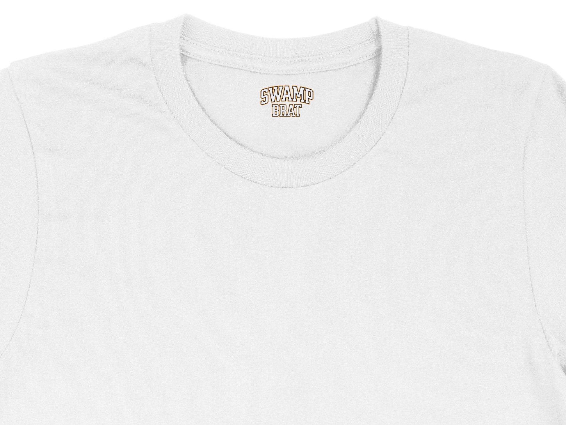 White t-shirt with "SWAMP BRAT" in a brown collegiate font on the inside collar tag.