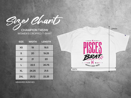 Champion T453W women's cropped t-shirt with Pisces Brat graphic, size chart.