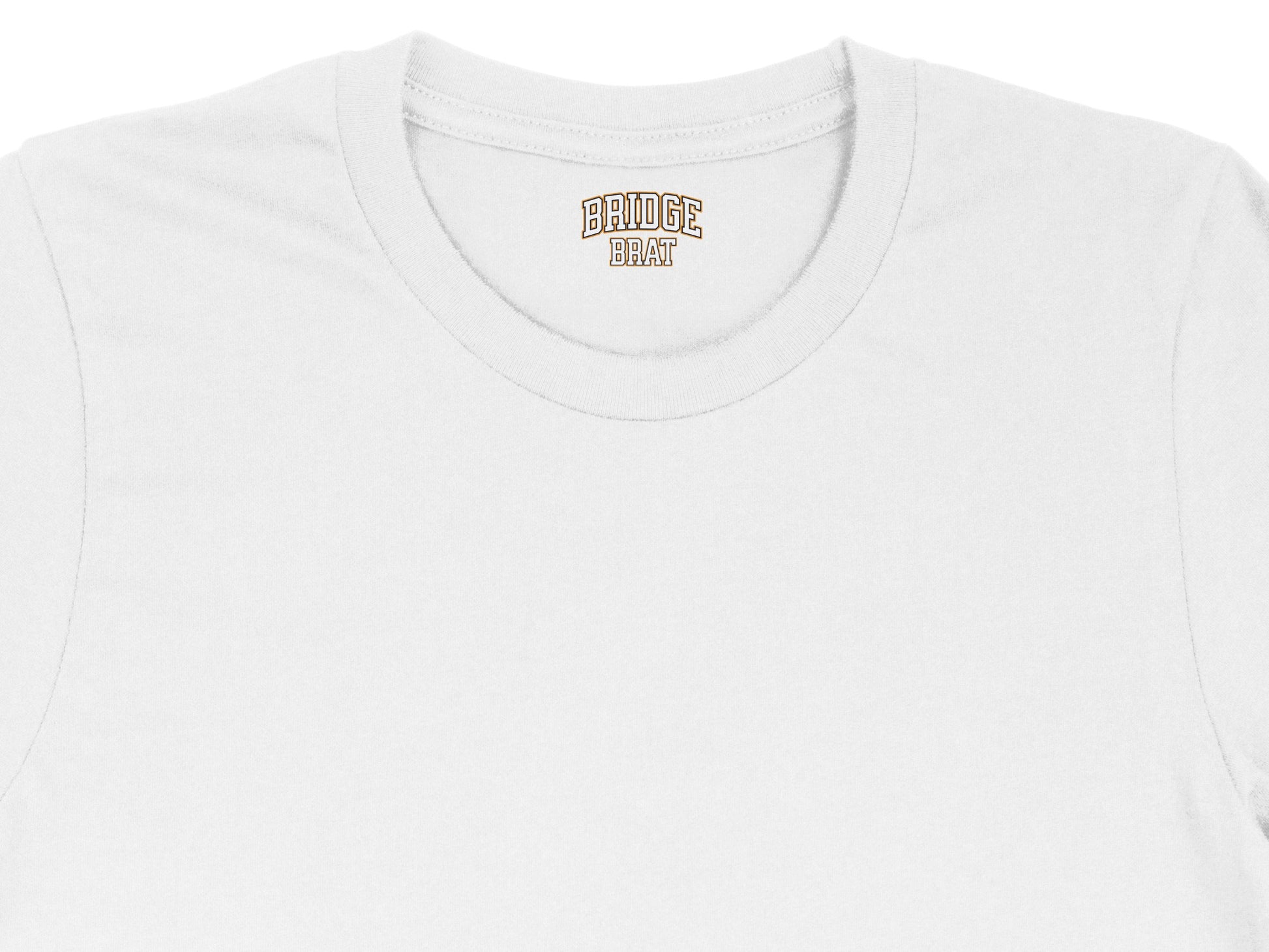 White t-shirt with a "BRIDGE BRAT" logo on the collar.