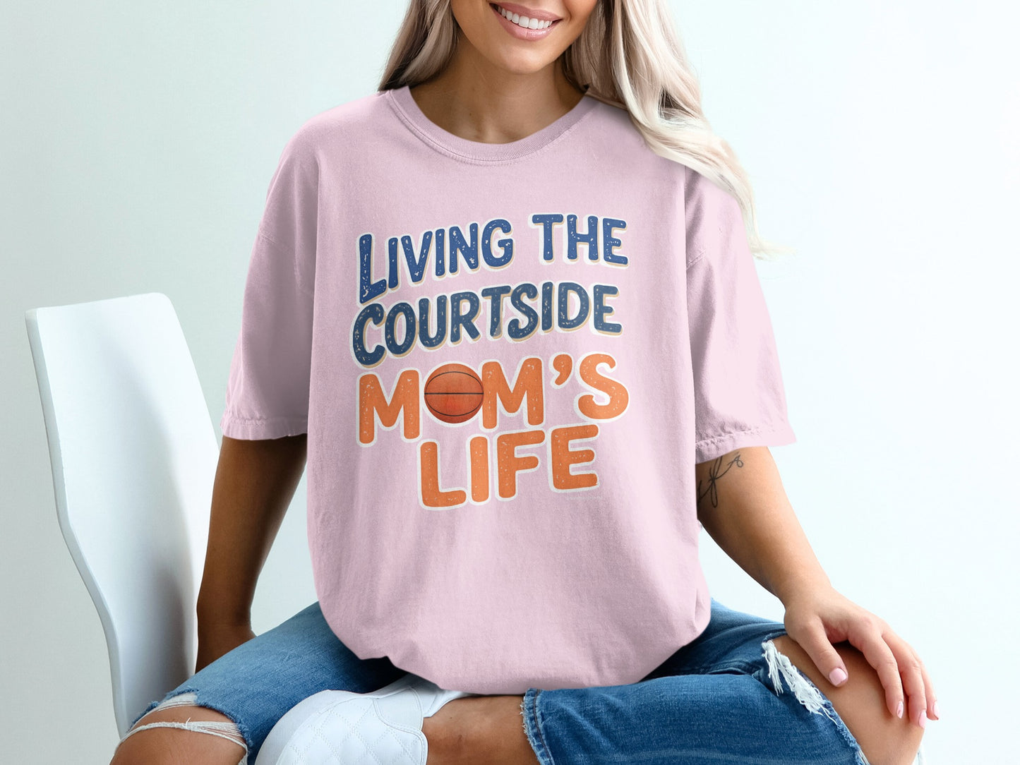Pink t-shirt with "Living the Courtside Mom's Life" and a basketball graphic.