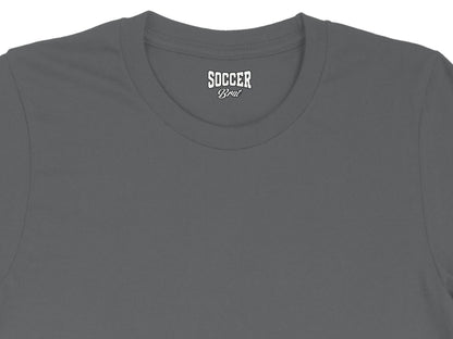 Grey t-shirt with "SOCCER Brat" logo on the inside neck label.