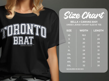 Toronto Brat t-shirt next to a size chart for Bella + Canvas 3001 tees.