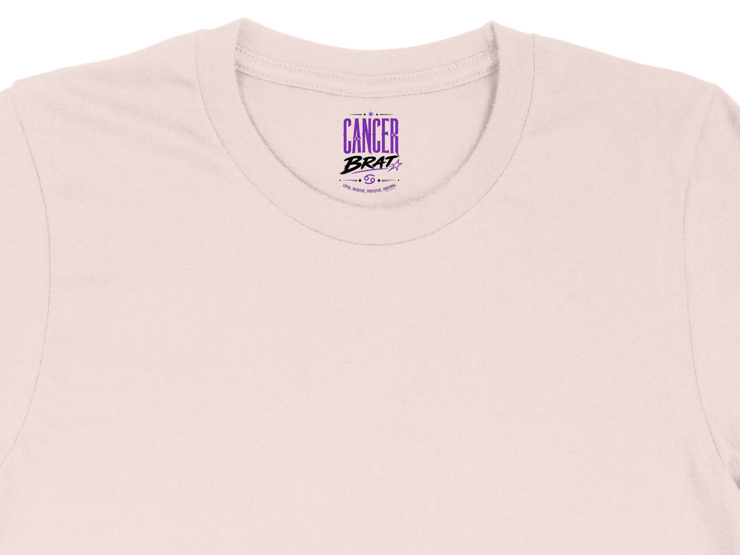 Bell sleeve top with "Cancer Brat" and zodiac characteristics printed on the tag.