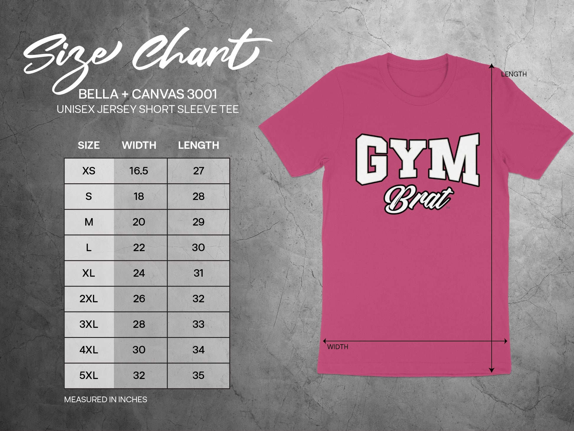 BELLA + CANVAS 3001 unisex jersey tee size chart with width and length measurements in inches.
