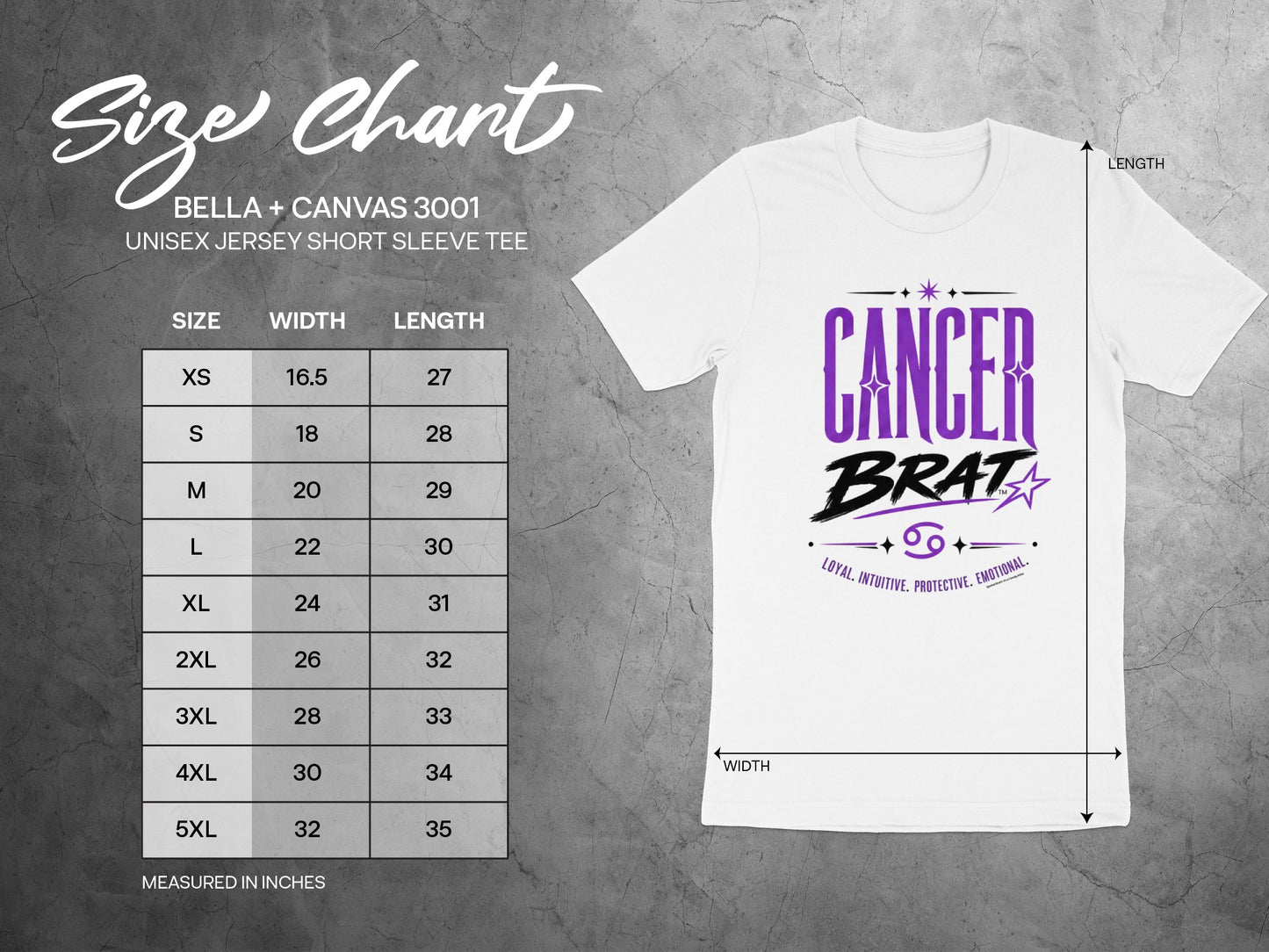 BELLA + CANVAS 3001 unisex short sleeve tee size chart with Cancer Brat graphic.