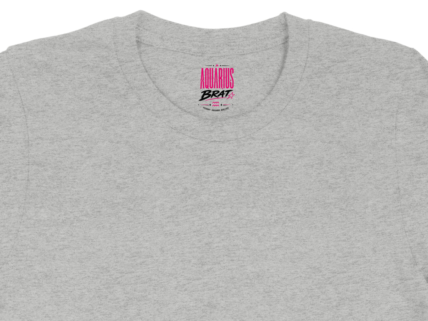 Light gray t-shirt with pink "AQUARIUS BRAT" text and smaller text.