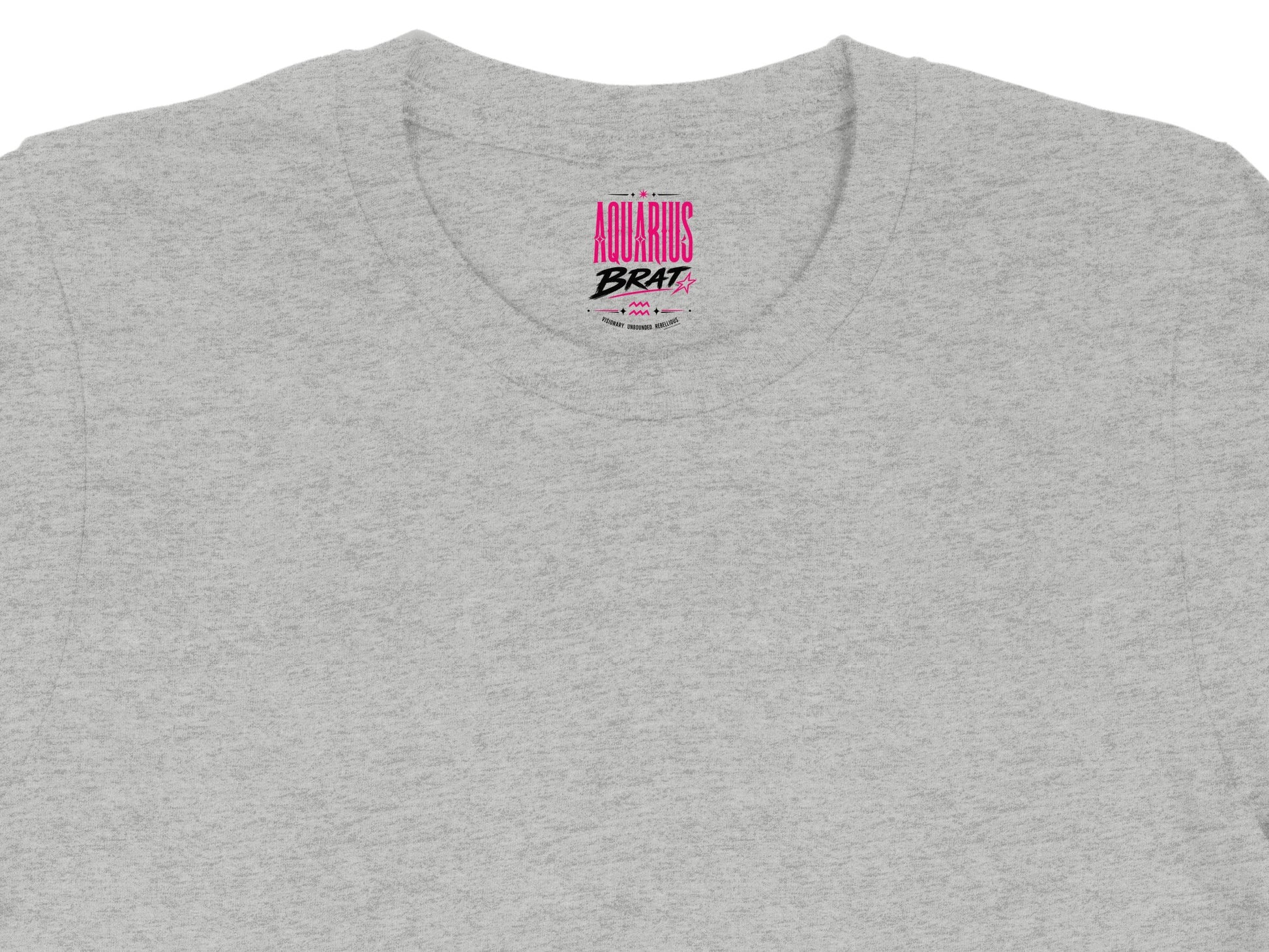 Light gray t-shirt with pink "AQUARIUS BRAT" text and smaller text.