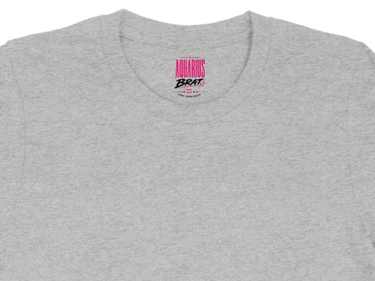 Light gray t-shirt with pink "AQUARIUS BRAT" text and smaller text.