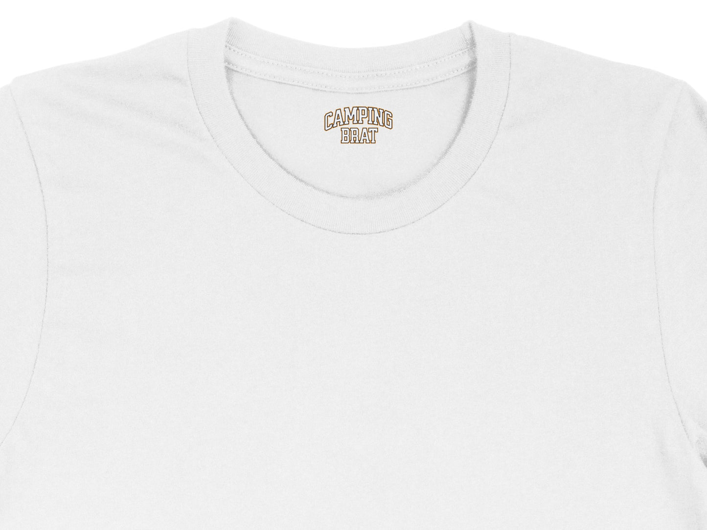 White t-shirt with "CAMPING BRAT" text on the inside neck label.
