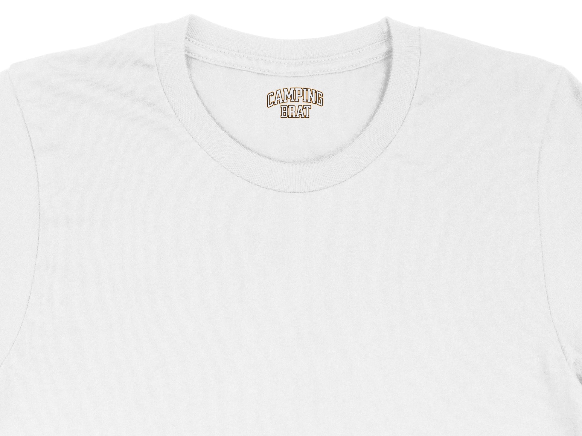 White t-shirt with "CAMPING BRAT" text on the inside neck label.