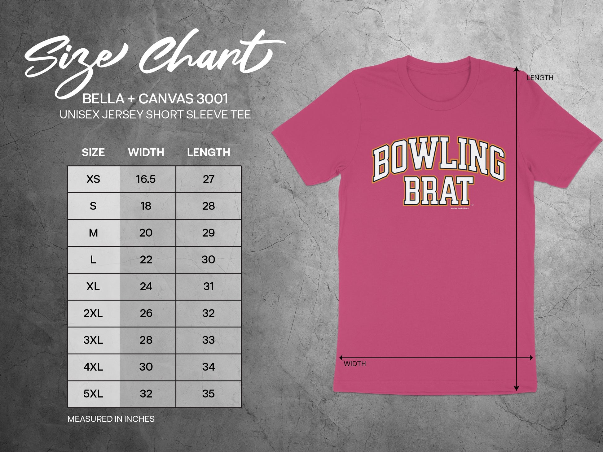 Unisex BELLA + CANVAS 3001 t-shirt size chart with measurements in inches.