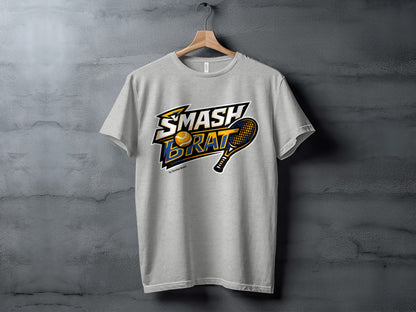 Light grey t-shirt featuring a tennis racket, ball, and "Smash Brat" slogan.
