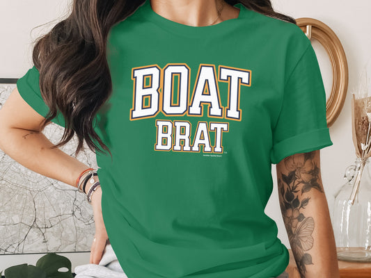 Green t-shirt with "BOAT BRAT" text and "Another Spoiled Brat" logo.