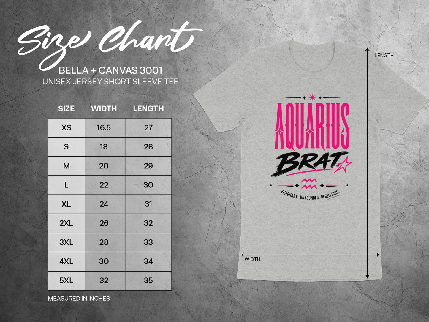 Size chart for Bella + Canvas 3001 unisex jersey short sleeve tee.