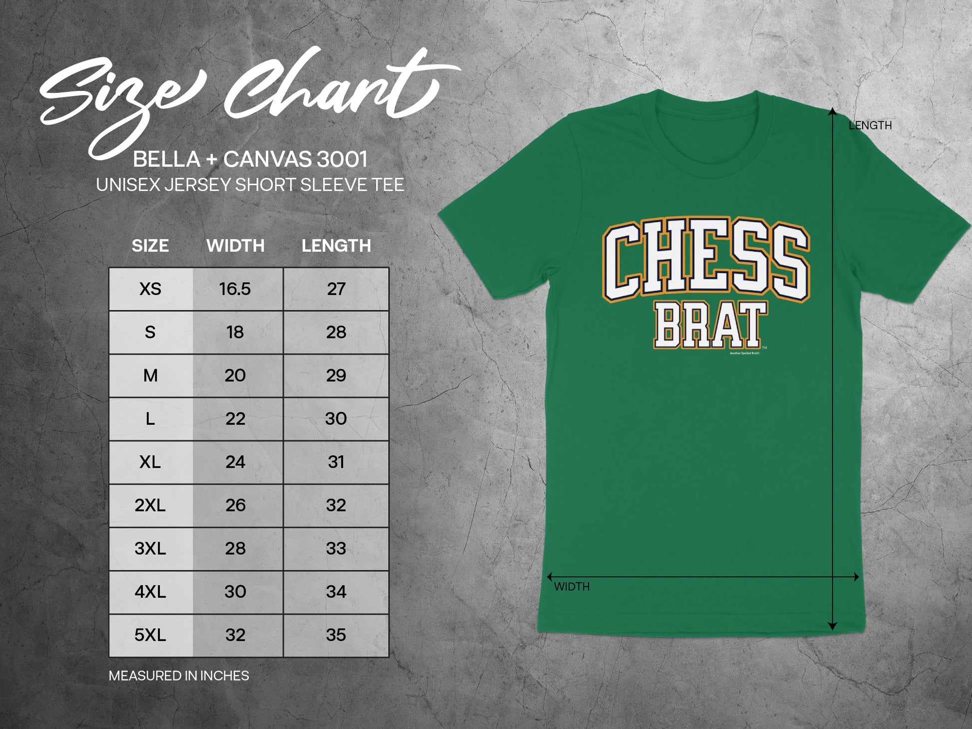 Bella + Canvas 3001 unisex jersey short sleeve tee size chart listing dimensions.