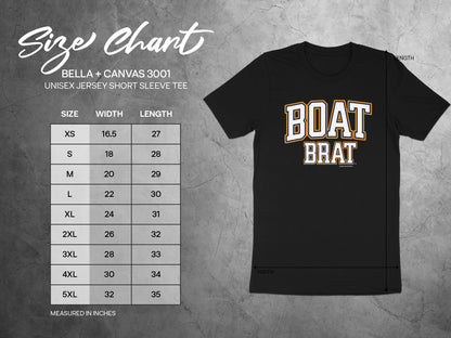 Bella + Canvas 3001 size chart for unisex short sleeve tee with "BOAT BRAT" graphic.