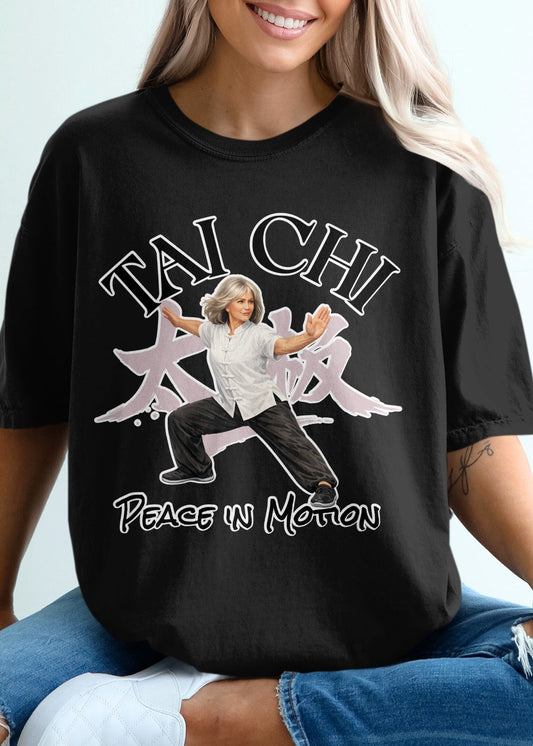 Black t-shirt with Tai Chi graphic and Chinese characters.