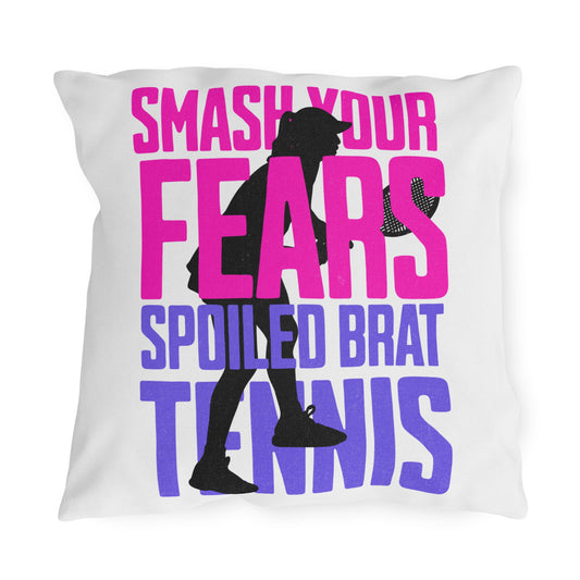 Pillow with "Smash Your Fears Spoiled Brat Tennis" text and tennis player silhouette.