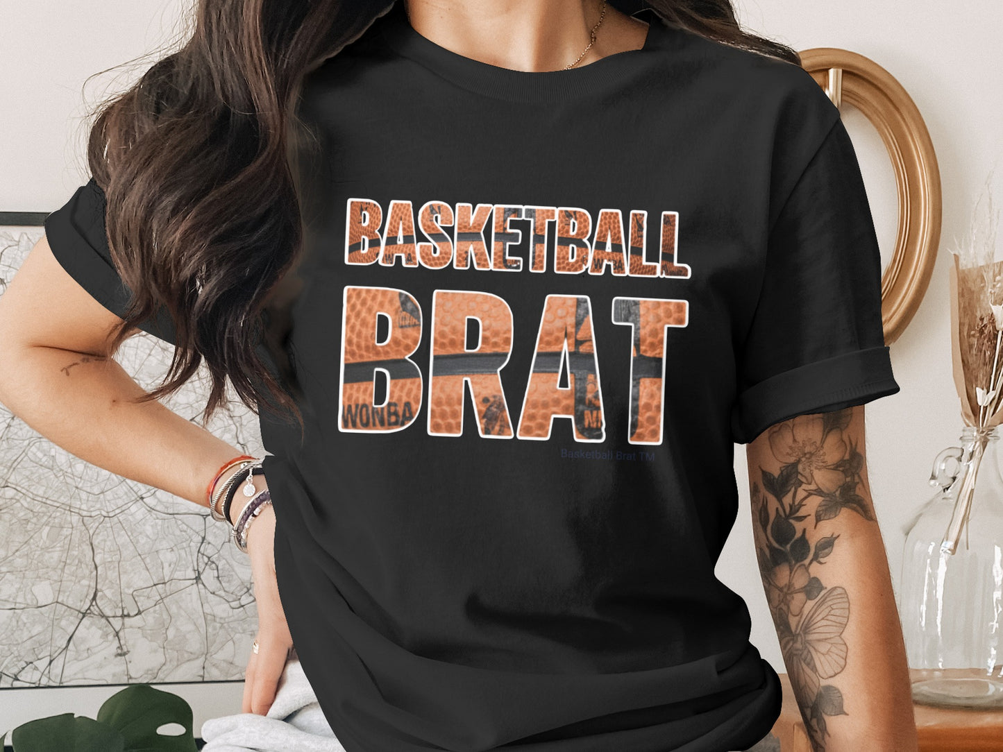Black t-shirt with "BASKETBALL BRAT" text design.