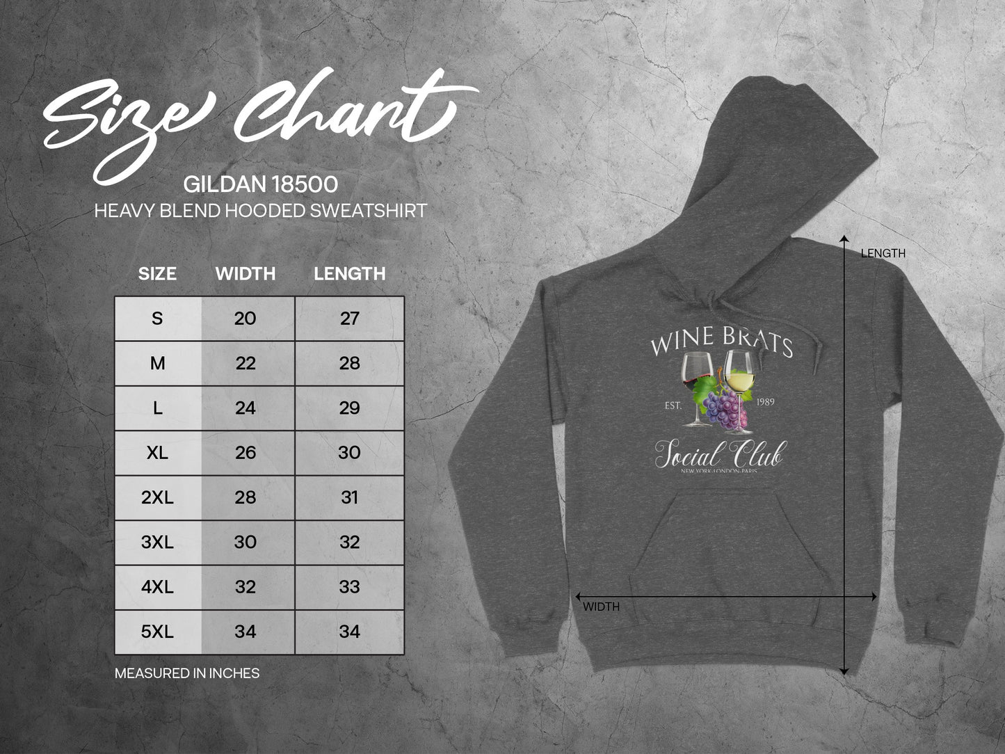 Wine Brats Social Club Hoodie with Size Chart