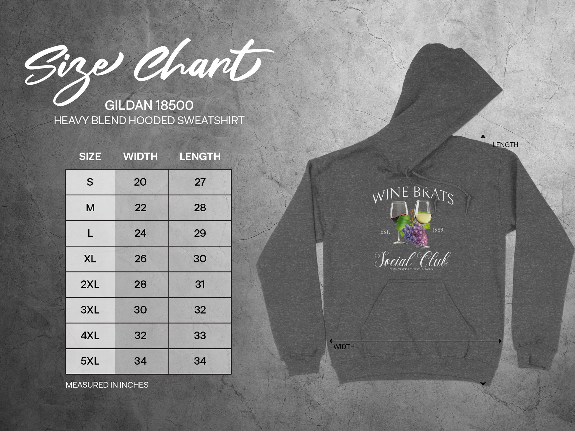 Wine Brats Social Club Hoodie with Size Chart