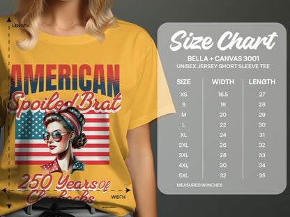 Yellow t-shirt with "AMERICAN Spoiled Brat" and a woman with sunglasses and bandana.